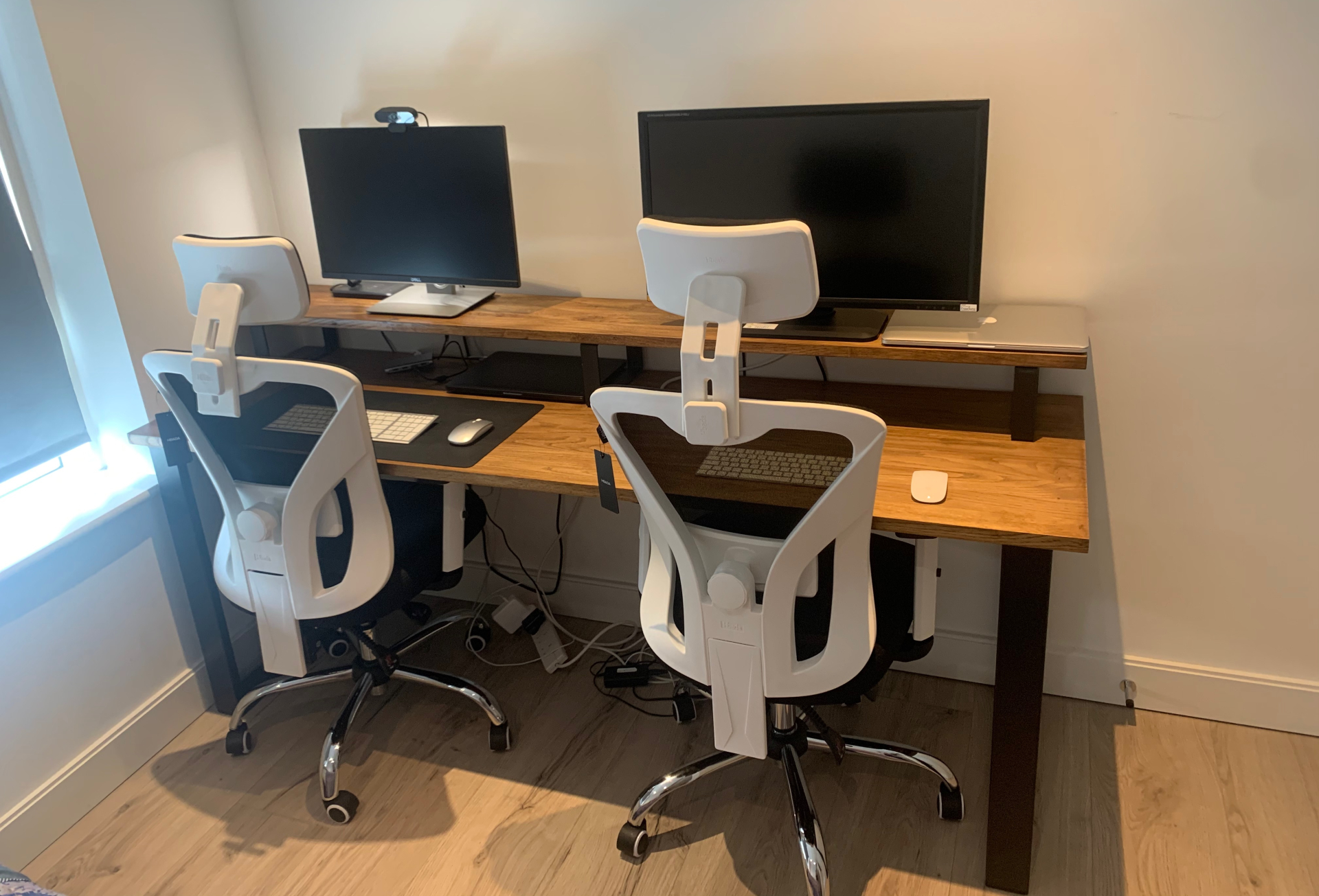Two Person Home Working Desk | Custom Oak Desk with Monitor Riser | Tablemaker UK