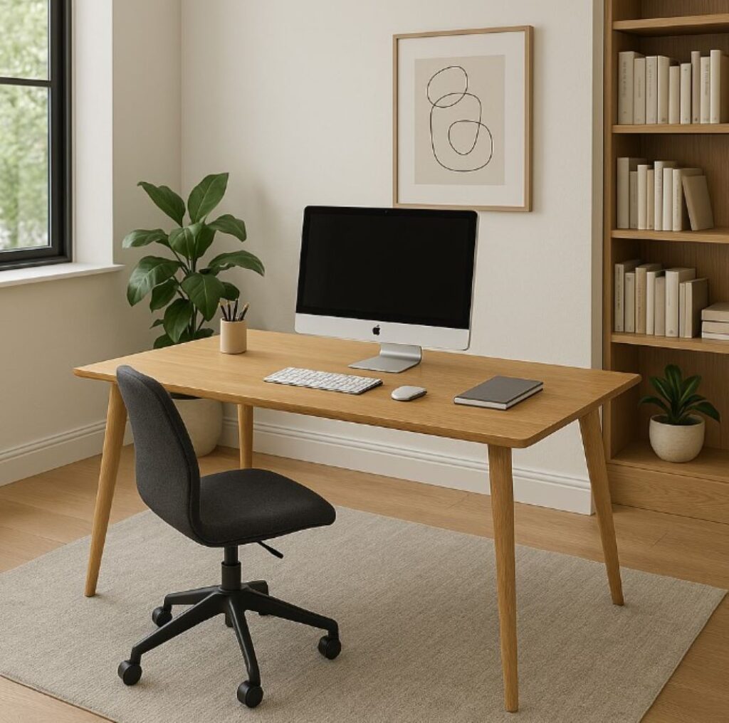 Solid wood finish desk in office