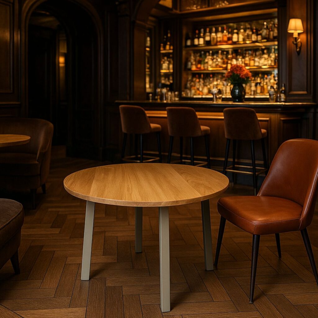 A circular lounge table like this one is perfect for relaxed conversations in elegant bar or lounge areas. Surrounded by rich leather chairs and warm lighting, the small round wood surface offers a cosy space for drinks or