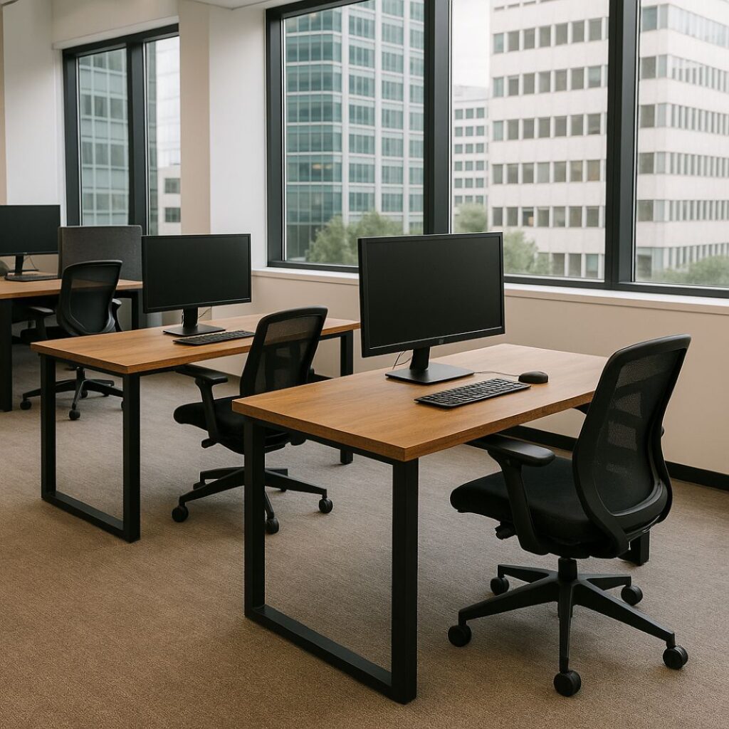Commercial open-plan office with solid oak desks and black-framed chairs. Ideal for professional work environments and scalable desk layouts.