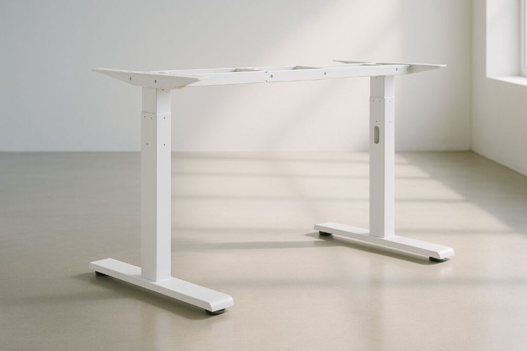 An AI photo of a standing desk frame in white