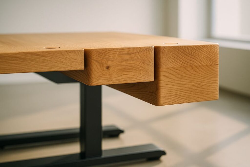 This is an AI-generated illustration to show the thickness of different types of custom tops for standing desks.