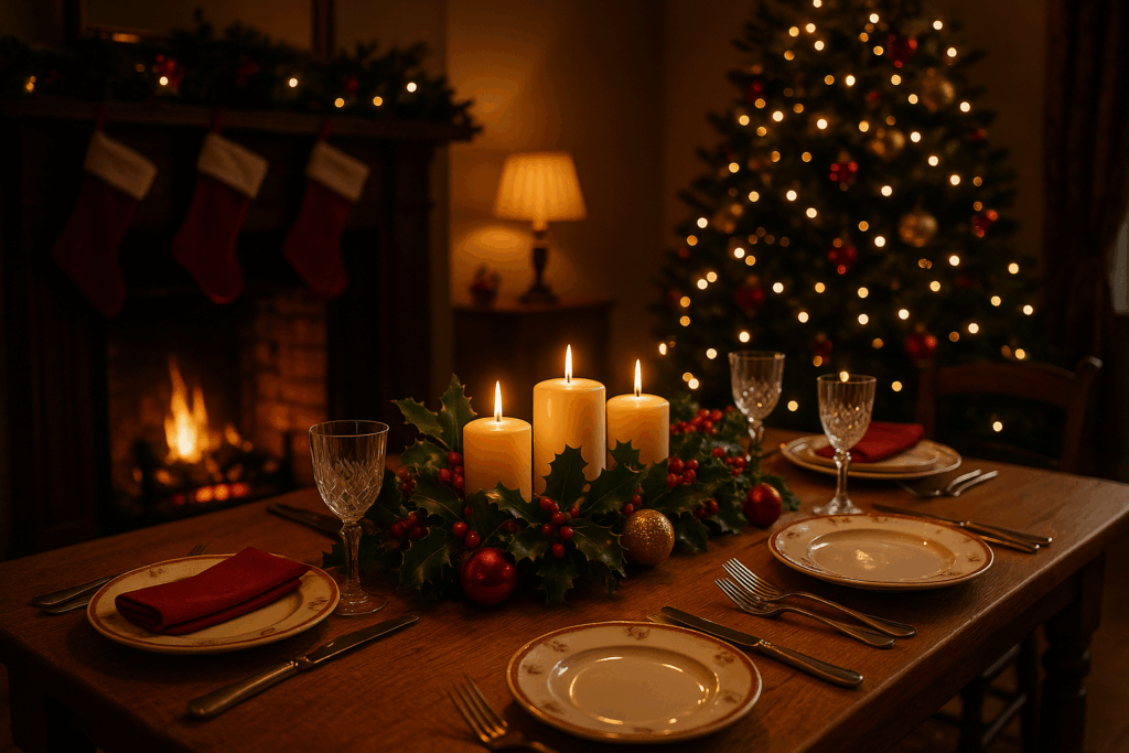 An AI photo of a Christmas oak dining table