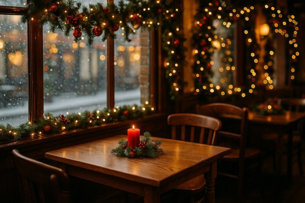 An AI photo of a Christmas solid oak dining table in a London cafe.