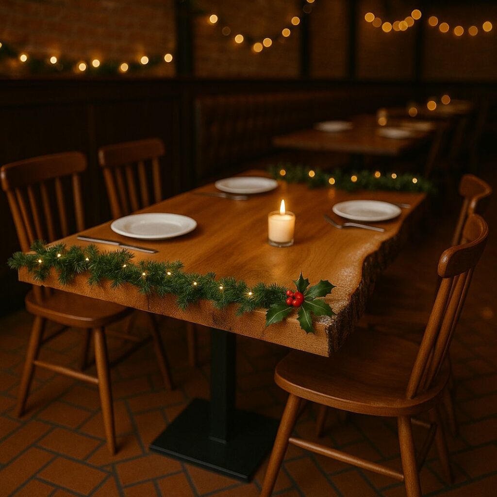 An AI photo of a commercial Christmas dining table in Restaurant.