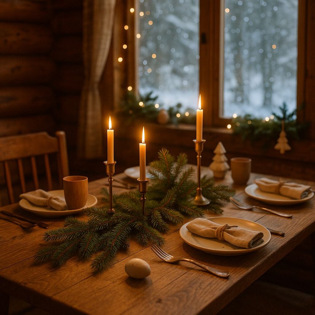 An AI photo of a cosy winter dining table set blending rustic and Nordic styles.
