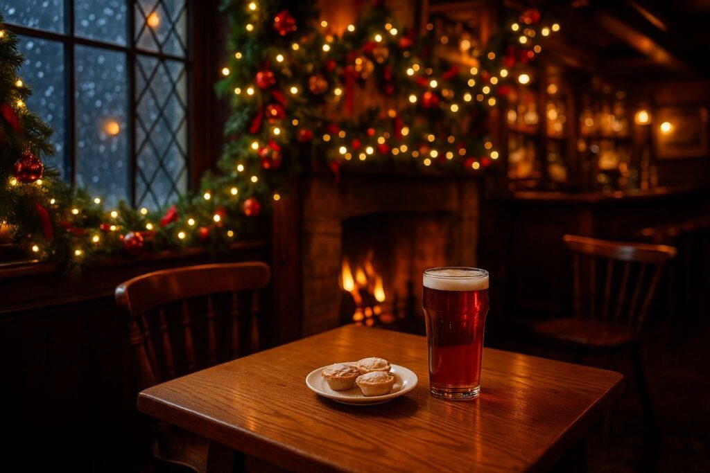 An AI photo of a solid oak dining table in a UK pub