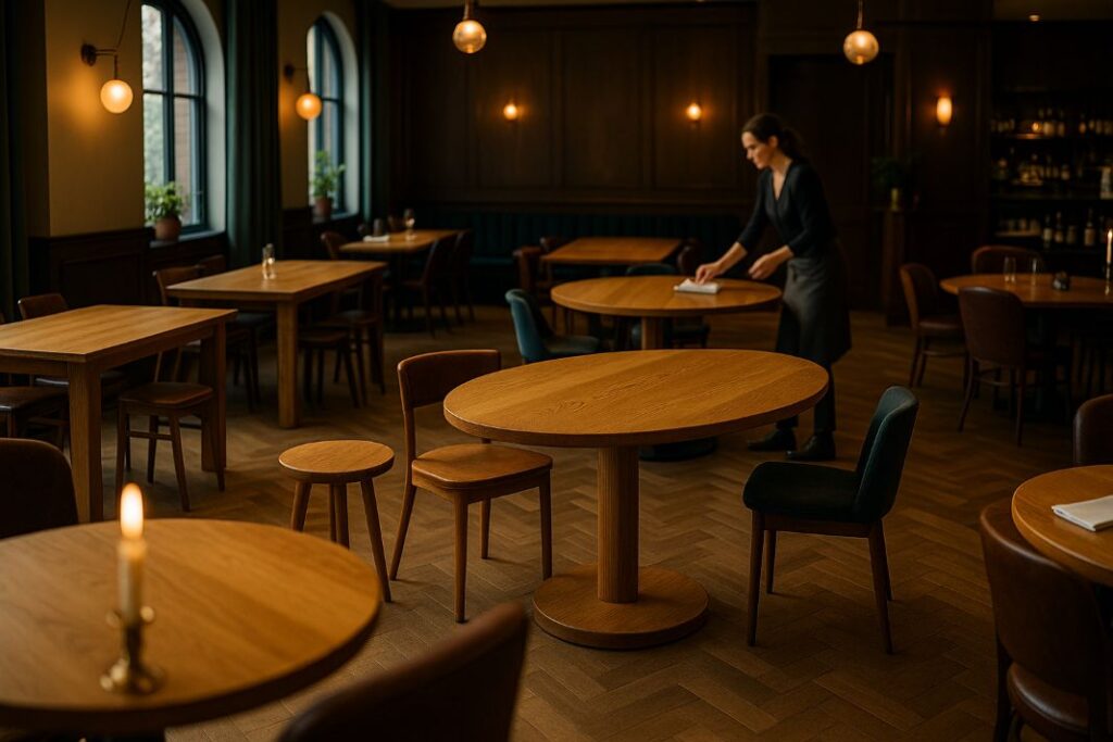 An AI photo displaying different restaurant table shapes.