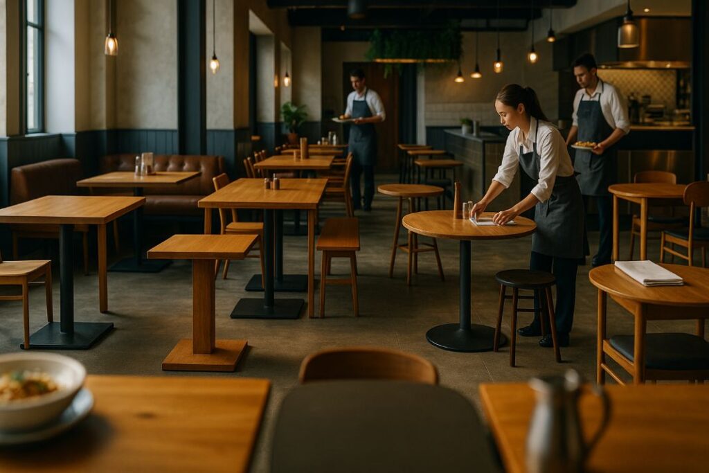An AI photo showcasing different food venue table styles.