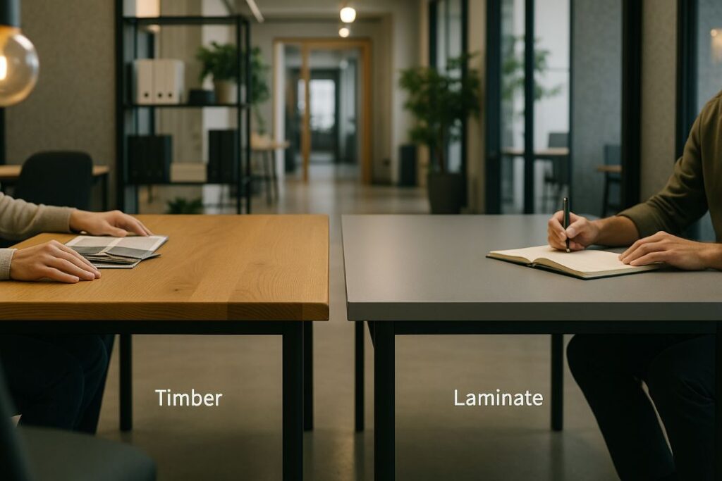 An AI photo of timber vs laminate tables